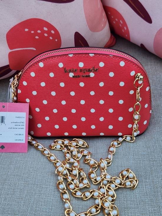 kate spade Handbags - Kate Spade Coral & White Polka Dot Cosmetic Bag Upcycled Crossbody w. Chain NWT